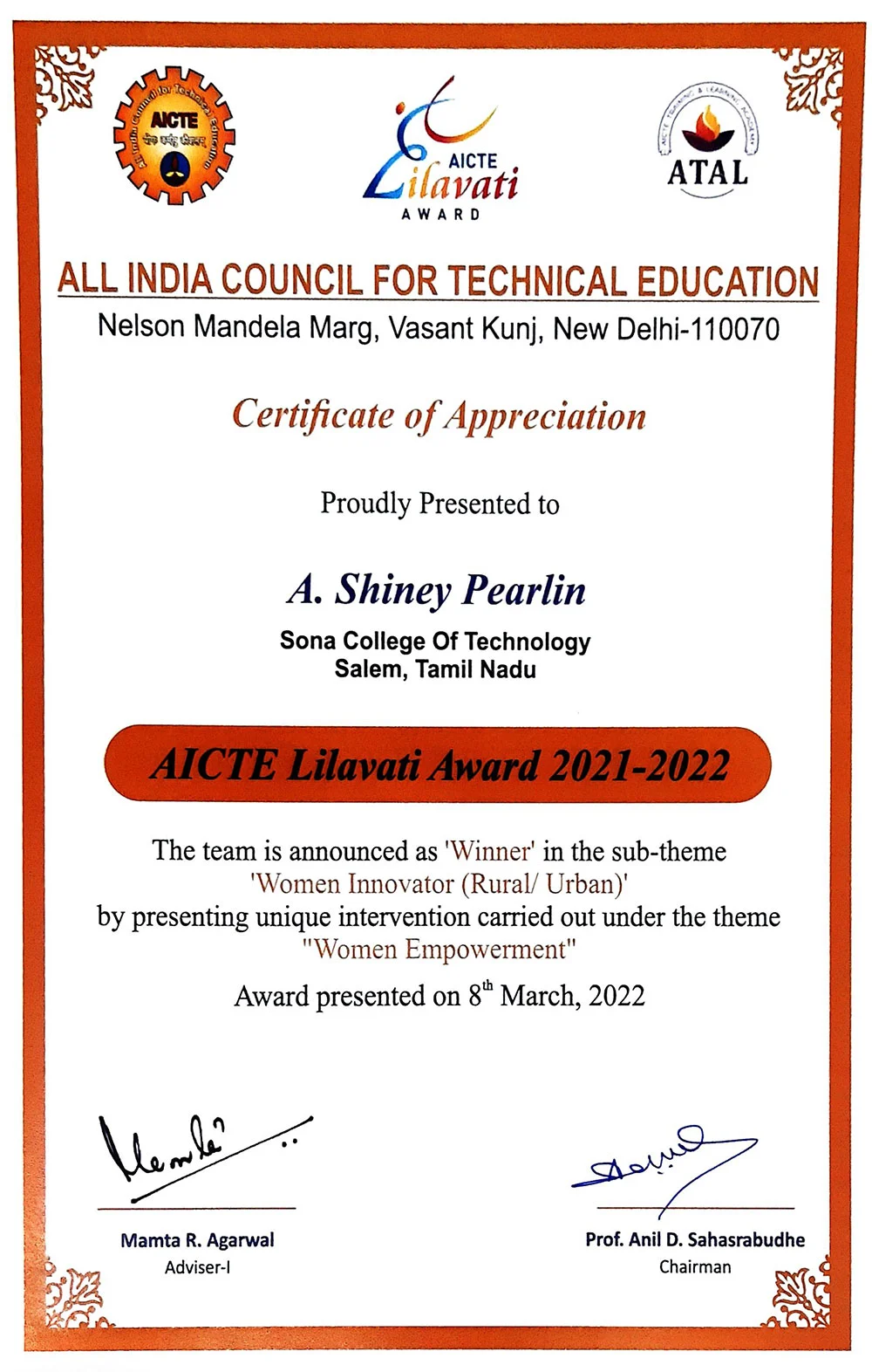 shiney pearlin aicte lilavati award 2021